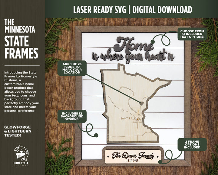 The Minnesota State Frame - 13 text options, 12 backgrounds, 25 icons Included - Make over 7,500 designs - Glowforge & Lightburn Tested