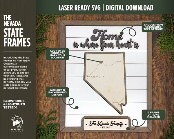 The Nevada State Frame - 13 text options, 12 backgrounds, 25 icons Included - Make over 7,500 designs - Glowforge & Lightburn Tested