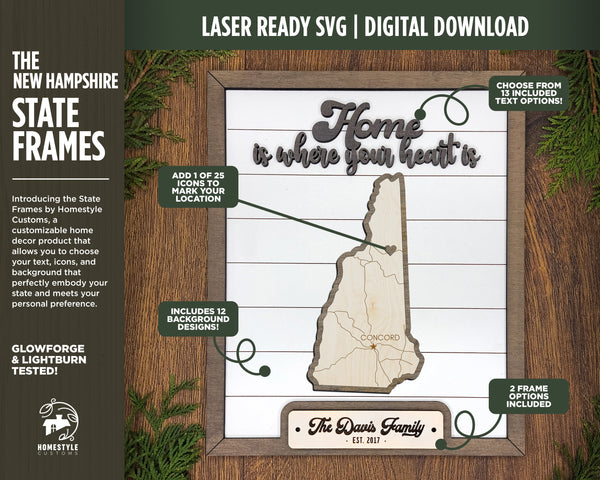 The New Hampshire State Frame - 13 text options, 12 backgrounds, 25 icons Included - Make over 7,500 designs - Glowforge & Lightburn Tested