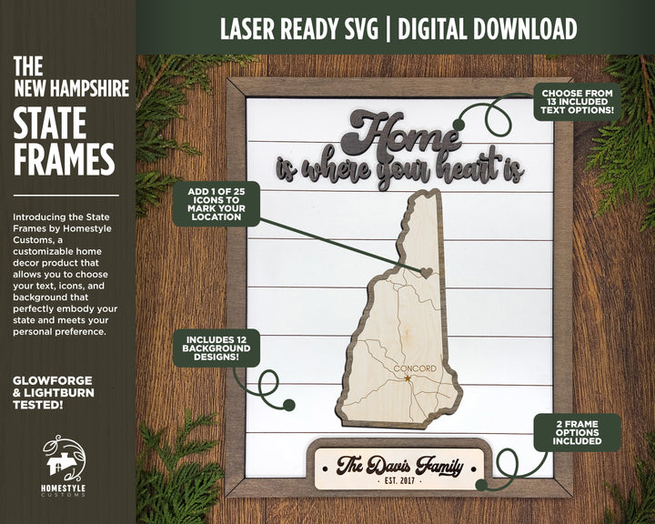 The New Hampshire State Frame - 13 text options, 12 backgrounds, 25 icons Included - Make over 7,500 designs - Glowforge & Lightburn Tested