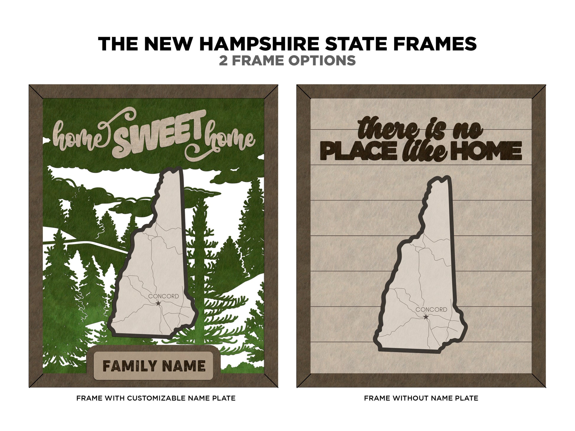 The New Hampshire State Frame - 13 text options, 12 backgrounds, 25 icons Included - Make over 7,500 designs - Glowforge & Lightburn Tested