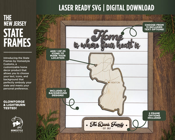 The New Jersey State Frame - 13 text options, 12 backgrounds, 25 icons Included - Make over 7,500 designs - Glowforge & Lightburn Tested