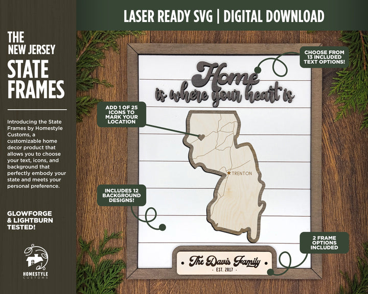 The New Jersey State Frame - 13 text options, 12 backgrounds, 25 icons Included - Make over 7,500 designs - Glowforge & Lightburn Tested
