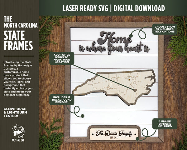 The North Carolina State Frame - 13 text options, 12 backgrounds, 25 icons Included - Make over 7,500 designs - Glowforge & Lightburn Tested