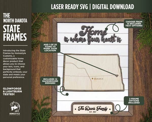 The North Dakota State Frame - 13 text options, 12 backgrounds, 25 icons Included - Make over 7,500 designs - Glowforge & Lightburn Tested
