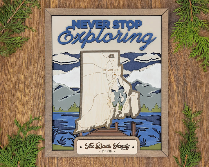 The Rhode Island State Frame - 13 text options, 12 backgrounds, 25 icons Included - Make over 7,500 designs - Glowforge & Lightburn Tested
