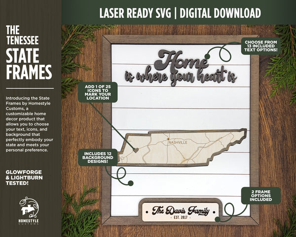 The Tennessee State Frame - 13 text options, 12 backgrounds, 25 icons Included - Make over 7,500 designs - Glowforge & Lightburn Tested