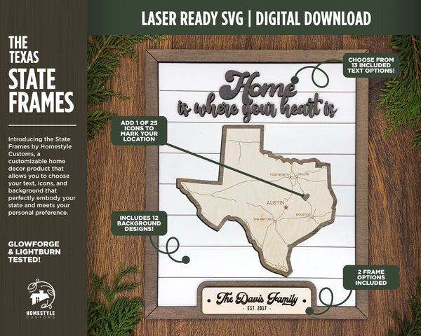 The Texas State Frame - 13 text options, 12 backgrounds, 25 icons Included - Make over 7,500 designs - Glowforge & Lightburn Tested