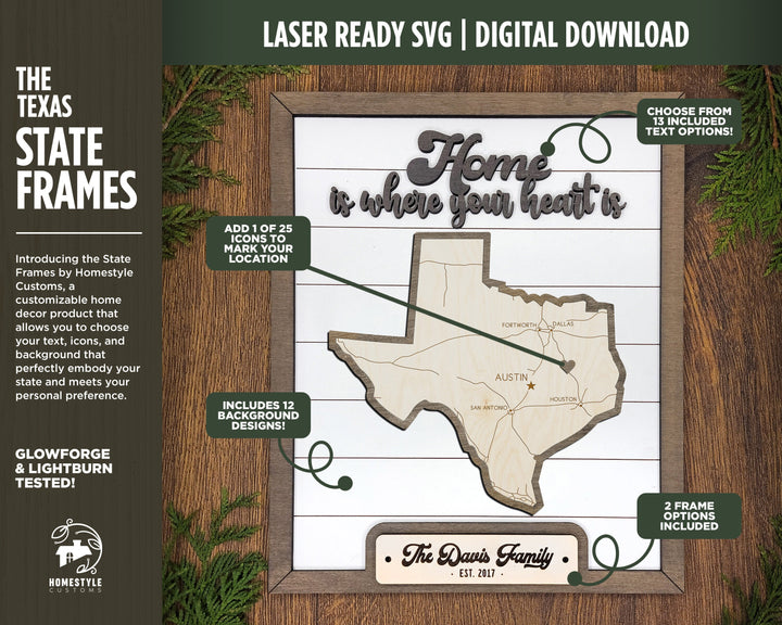 The Texas State Frame - 13 text options, 12 backgrounds, 25 icons Included - Make over 7,500 designs - Glowforge & Lightburn Tested