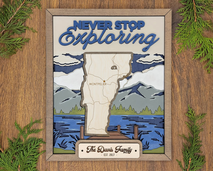The Vermont Frame - 13 text options, 12 backgrounds, 25 icons Included - Make over 7,500 designs - Glowforge & Lightburn Tested