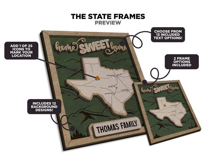 The Vermont Frame - 13 text options, 12 backgrounds, 25 icons Included - Make over 7,500 designs - Glowforge & Lightburn Tested