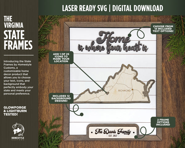 The Virginia Frame - 13 text options, 12 backgrounds, 25 icons Included - Make over 7,500 designs - Glowforge & Lightburn Tested