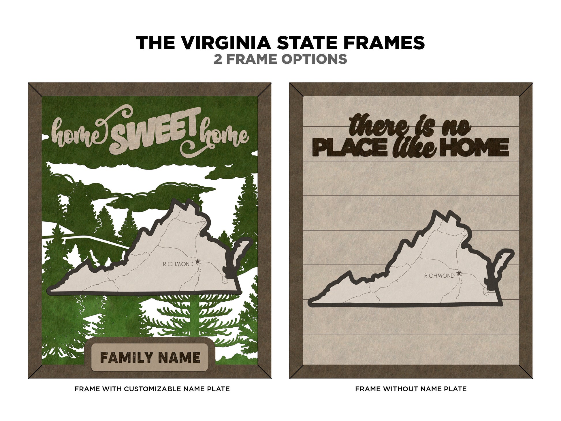 The Virginia Frame - 13 text options, 12 backgrounds, 25 icons Included - Make over 7,500 designs - Glowforge & Lightburn Tested