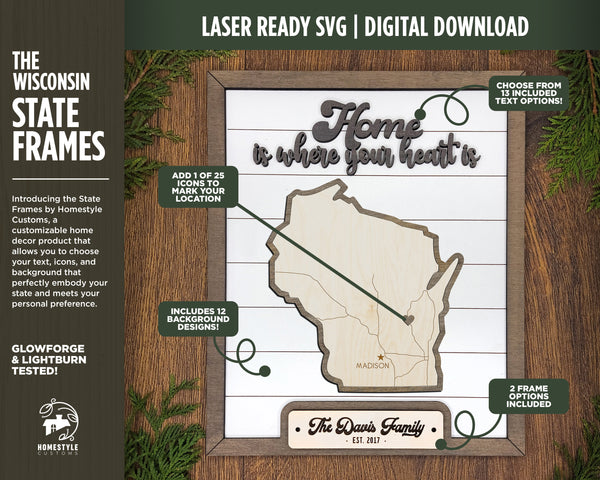 The Wisconsin Frame - 13 text options, 12 backgrounds, 25 icons Included - Make over 7,500 designs - Glowforge & Lightburn Tested