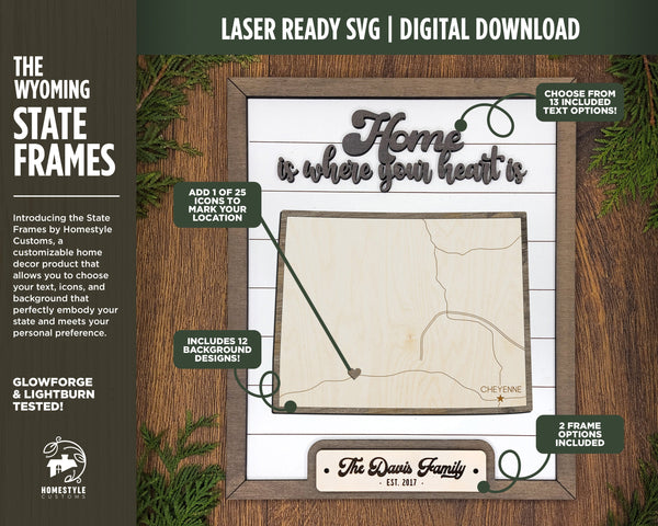 The Wyoming Frame - 13 text options, 12 backgrounds, 25 icons Included - Make over 7,500 designs - Glowforge & Lightburn Tested