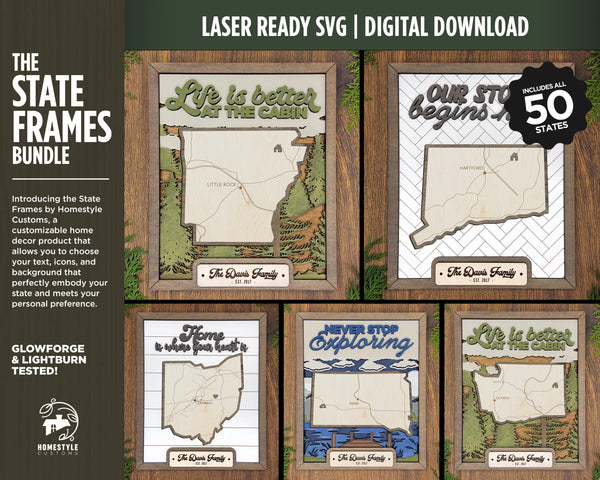 The State Frame Bundle - 50 States included each with 13 text options, 12 backgrounds and 25 icons - Glowforge & Lightburn Tested