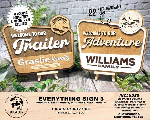 Everything Sign 3 Bundle - 28 Phrases, 22 Interchangeable Icons - Includes Ornaments, Keychains and Magnets -Tested on Glowforge & Lightburn