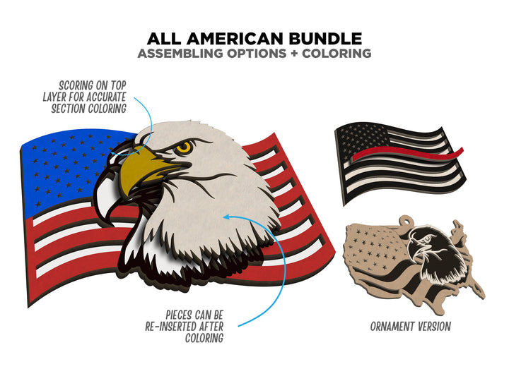 All American Bundle - Includes Signage and Ornaments - 6 designs and 9 Phrases Included - Tested on Glowforge & Lightburn