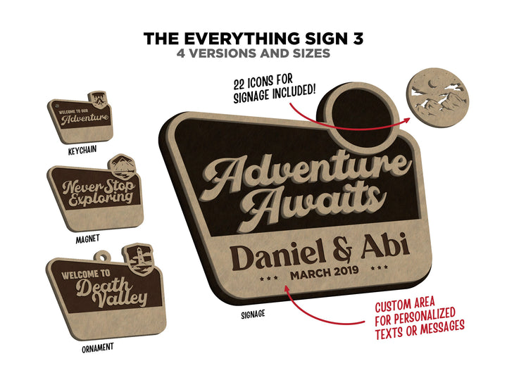 Everything Sign 3 Bundle - 28 Phrases, 22 Interchangeable Icons - Includes Ornaments, Keychains and Magnets -Tested on Glowforge & Lightburn