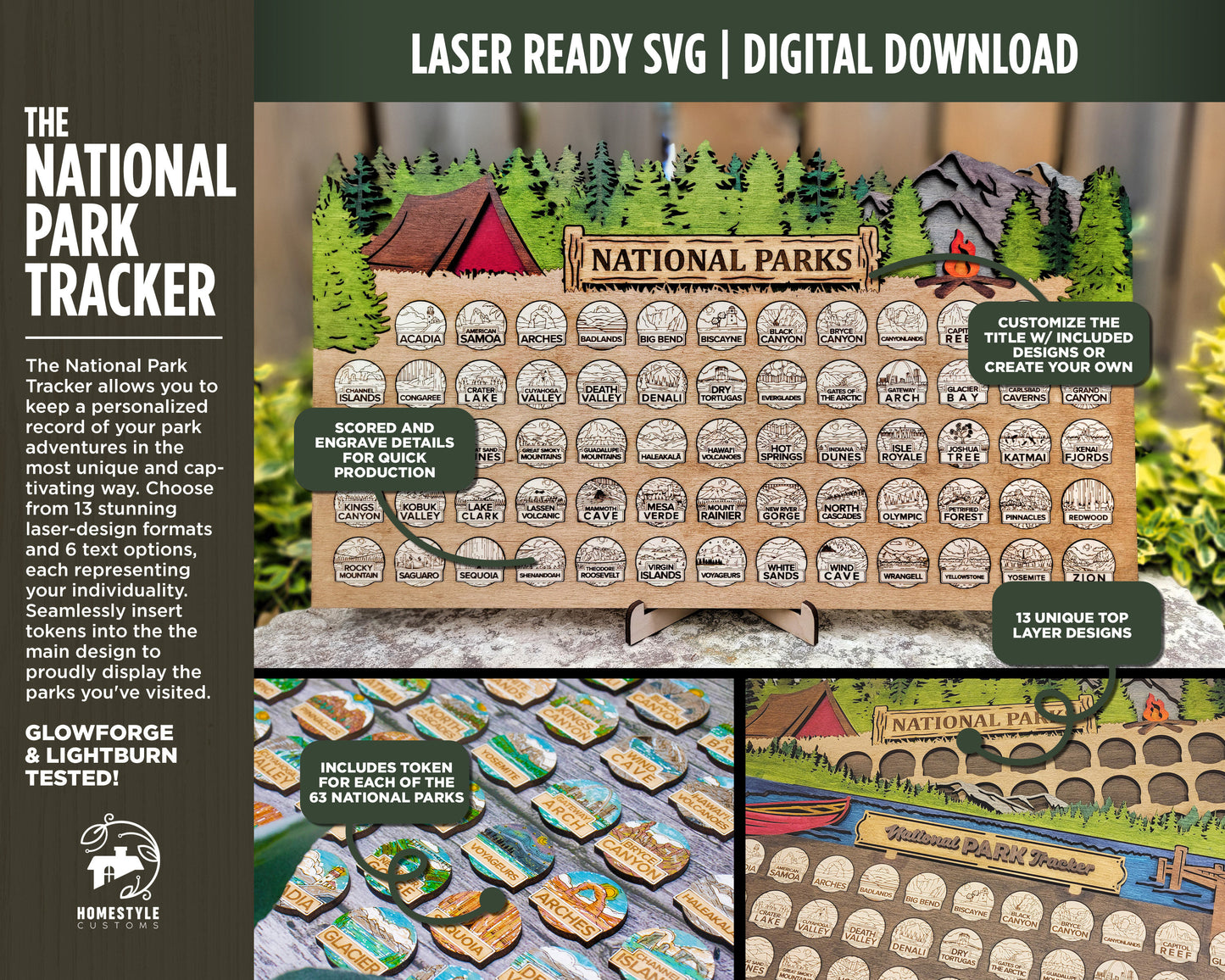 National Park Tracker - 13 Design Variations with 63 insertable tokens and 6 text options - Glowforge & Lightburn Tested