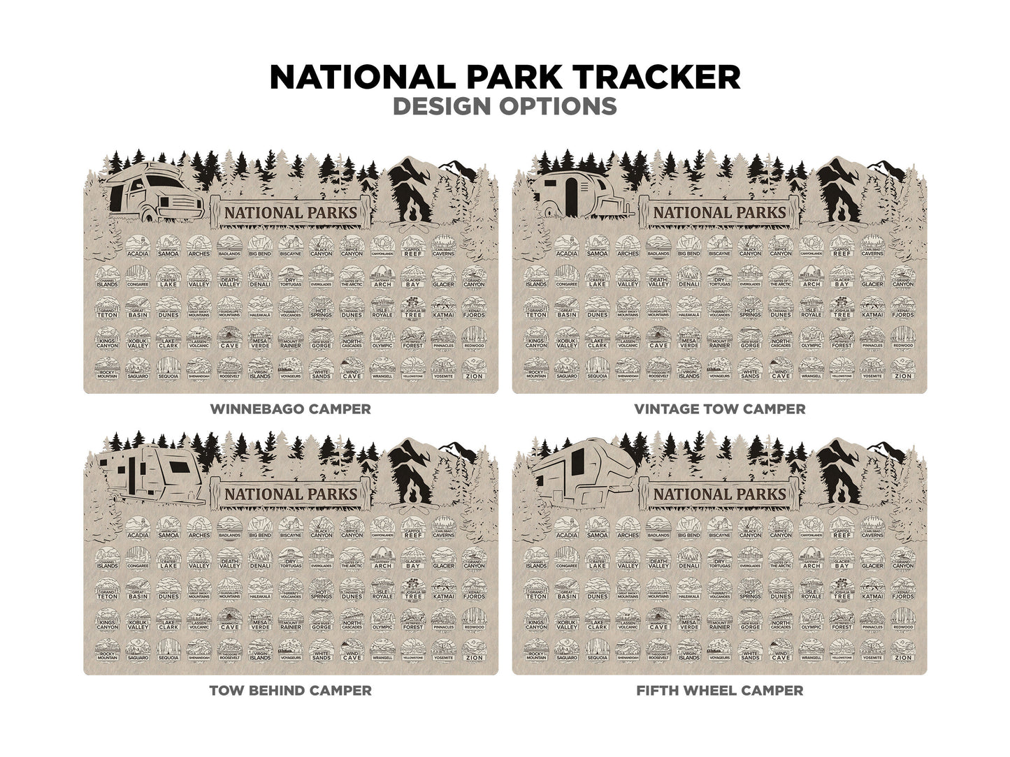 National Park Tracker - 13 Design Variations with 63 insertable tokens and 6 text options - Glowforge & Lightburn Tested