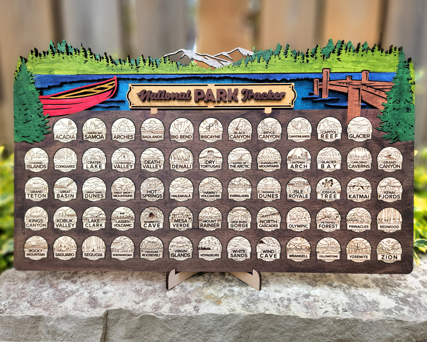 National Park Tracker - 13 Design Variations with 63 insertable tokens and 6 text options - Glowforge & Lightburn Tested