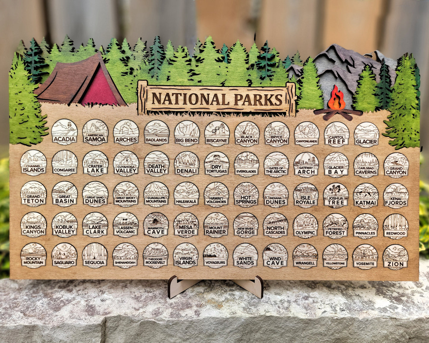 National Park Tracker - 13 Design Variations with 63 insertable tokens and 6 text options - Glowforge & Lightburn Tested