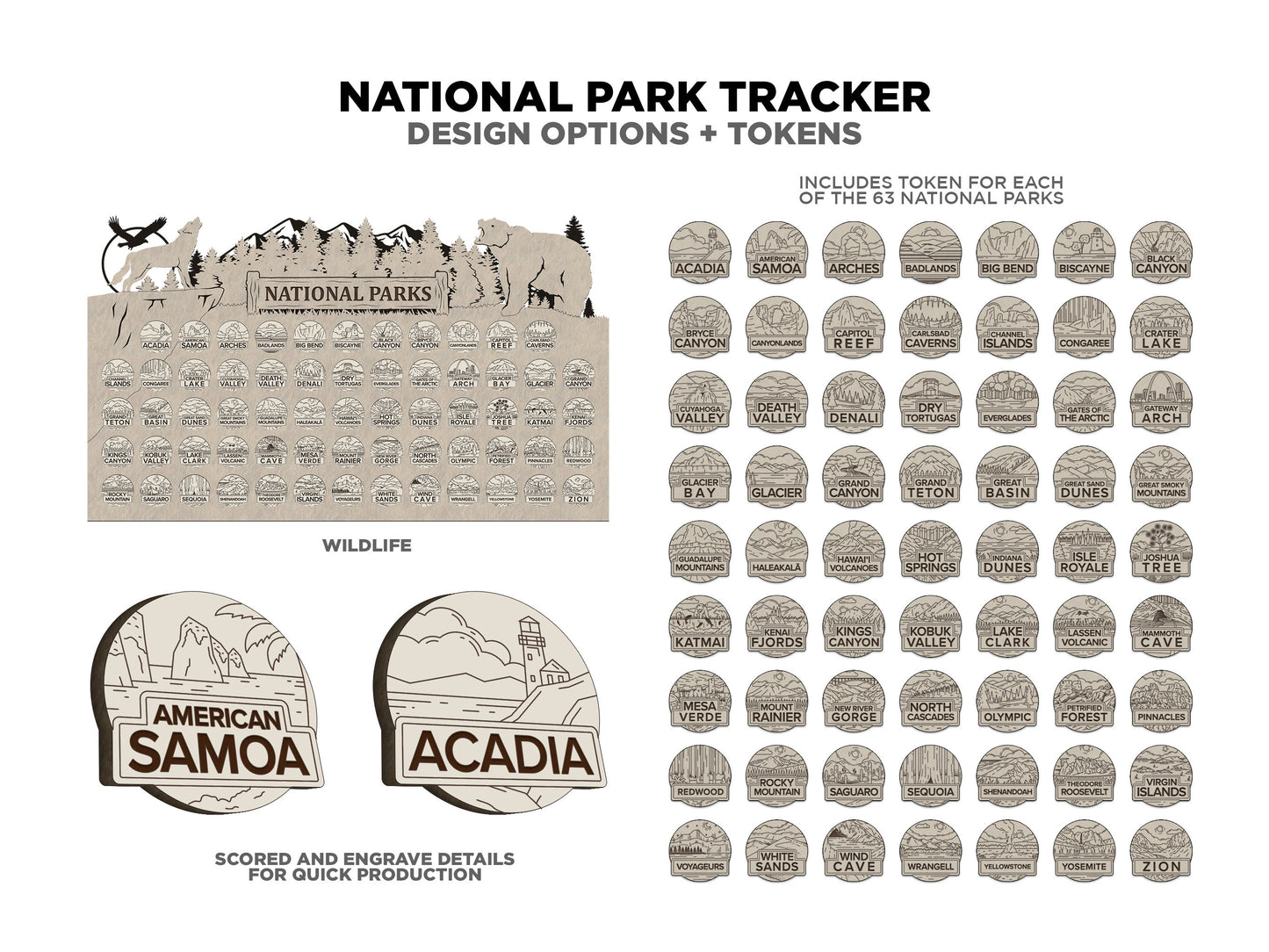 National Park Tracker - 13 Design Variations with 63 insertable tokens and 6 text options - Glowforge & Lightburn Tested