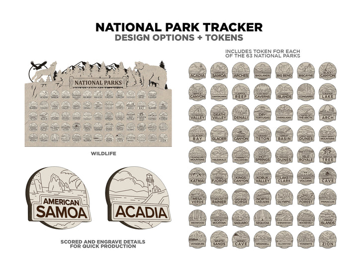 National Park Tracker - 13 Design Variations with 63 insertable tokens and 6 text options - Glowforge & Lightburn Tested