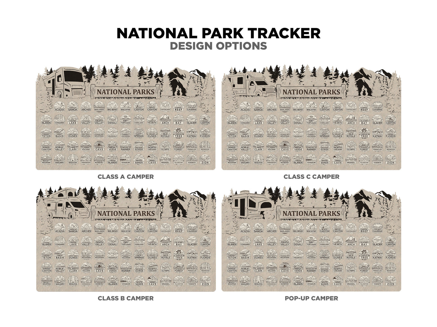 National Park Tracker - 13 Design Variations with 63 insertable tokens and 6 text options - Glowforge & Lightburn Tested