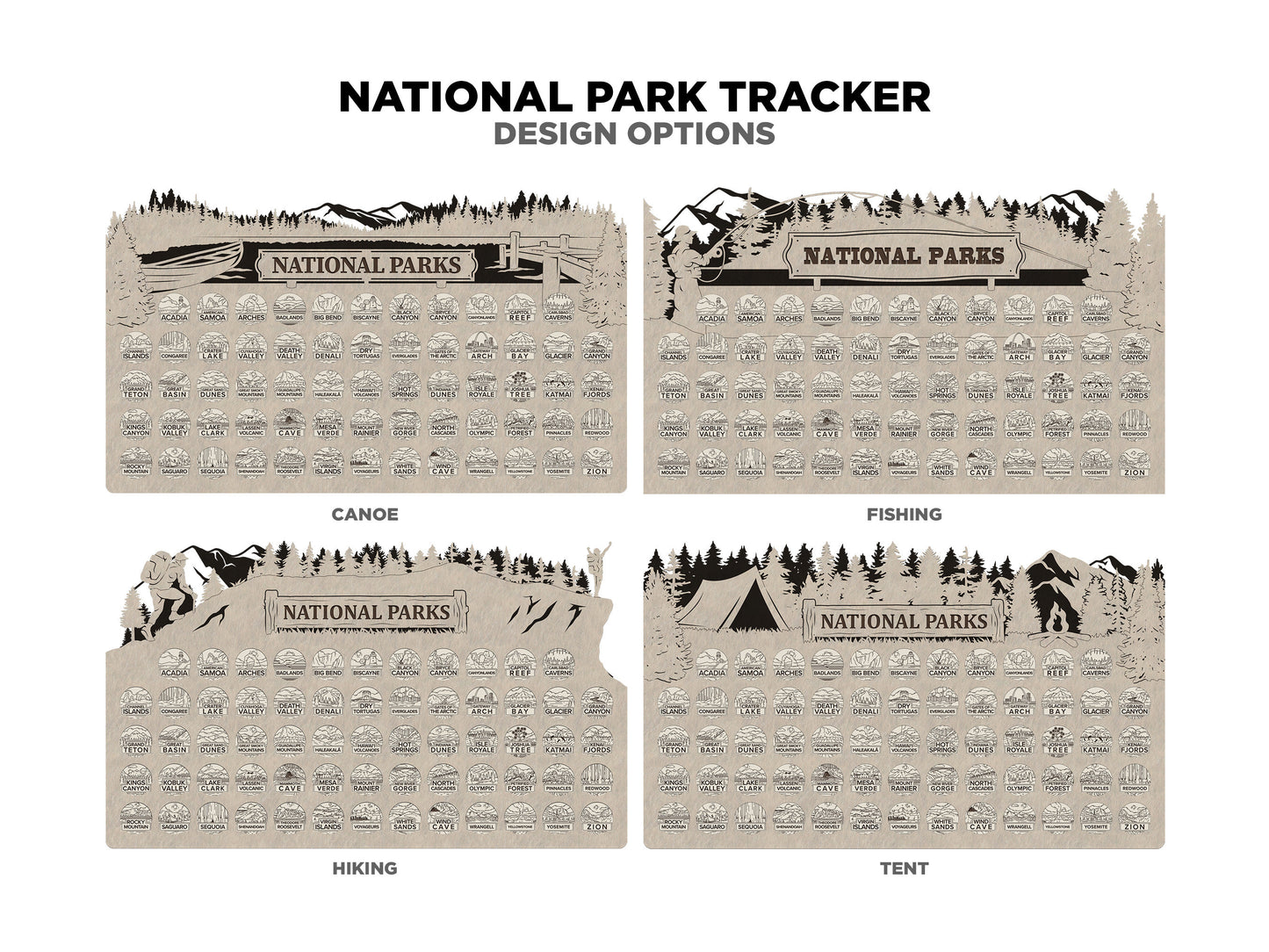 National Park Tracker - 13 Design Variations with 63 insertable tokens and 6 text options - Glowforge & Lightburn Tested