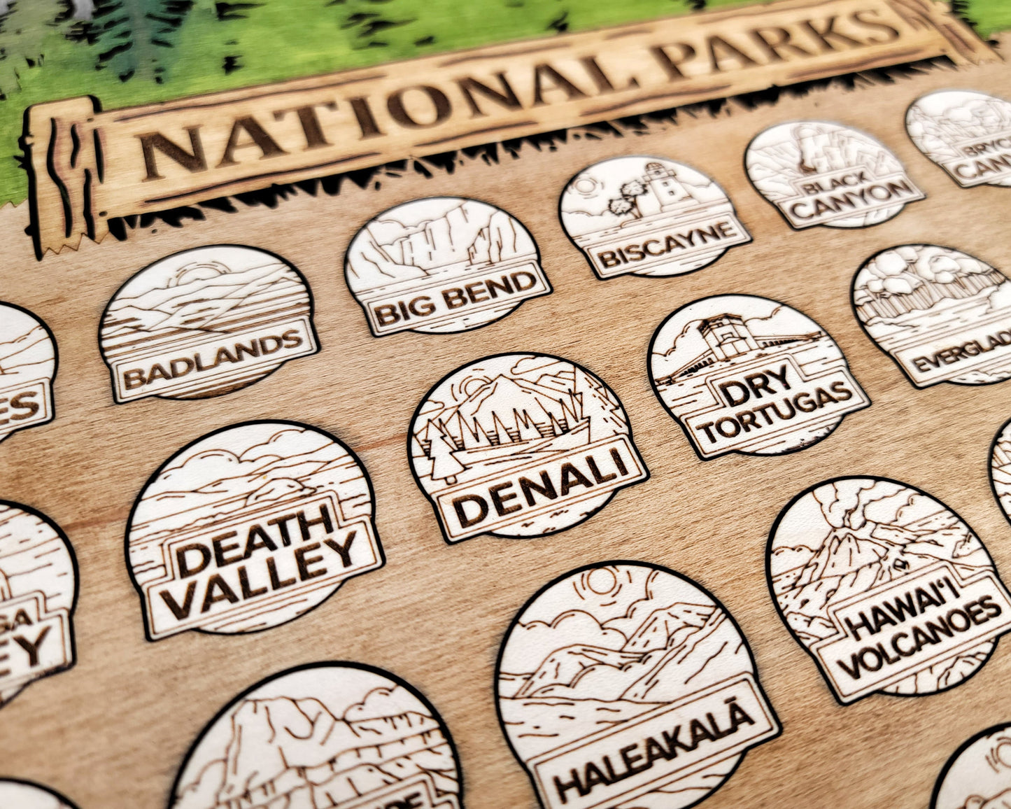 National Park Tracker - 13 Design Variations with 63 insertable tokens and 6 text options - Glowforge & Lightburn Tested