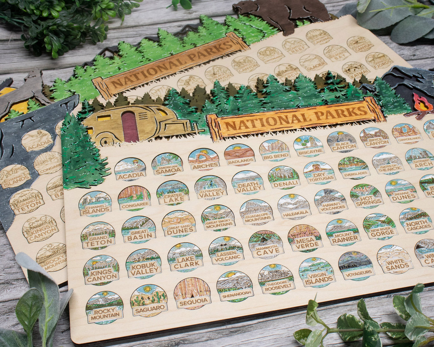 National Park Tracker - 13 Design Variations with 63 insertable tokens and 6 text options - Glowforge & Lightburn Tested