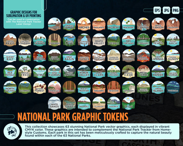 National Park Graphic Tokens - Sublimation and UV graphics for the National Park Tracker Laser Design
