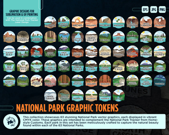 National Park Graphic Tokens - Sublimation and UV graphics for the National Park Tracker Laser Design