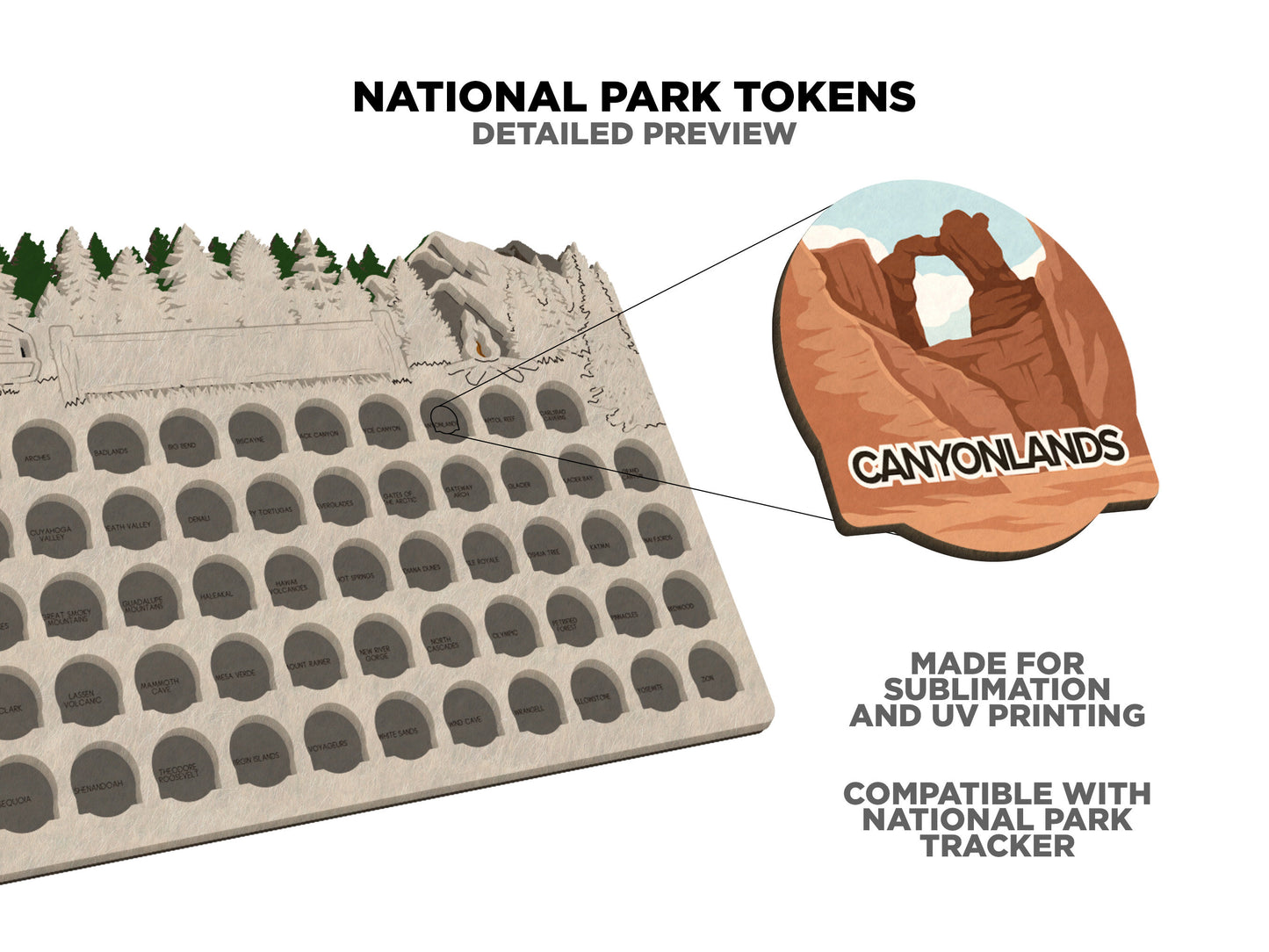 National Park Graphic Tokens - Sublimation and UV graphics for the National Park Tracker Laser Design