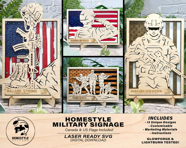 Homestyle Military Signage - Includes 17 sign Options and US and Canadian Flag backers- Tested on Glowforge & Lightburn