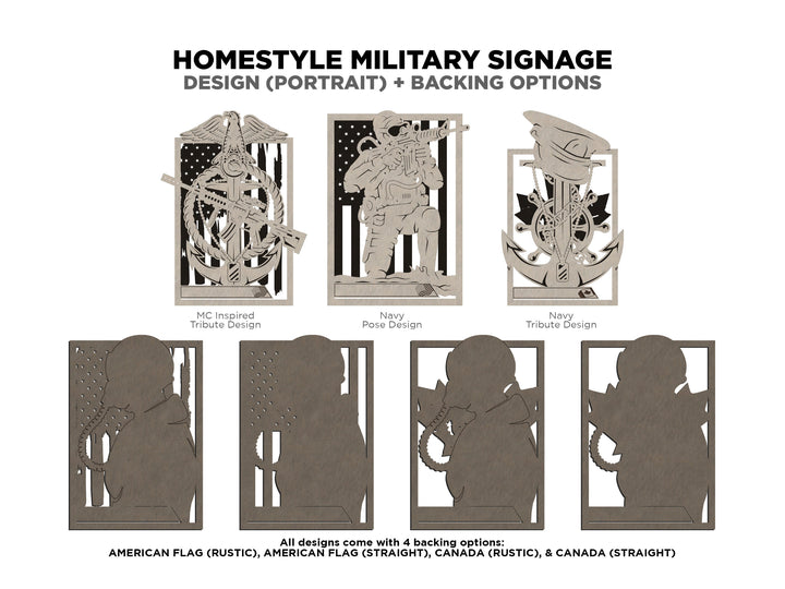 Homestyle Military Signage - Includes 17 sign Options and US and Canadian Flag backers- Tested on Glowforge & Lightburn
