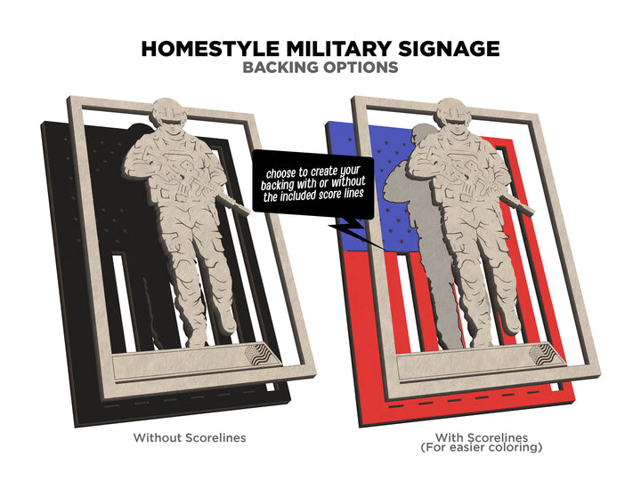 Homestyle Military Signage - Includes 17 sign Options and US and Canadian Flag backers- Tested on Glowforge & Lightburn