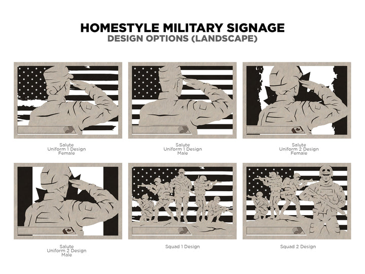 Homestyle Military Signage - Includes 17 sign Options and US and Canadian Flag backers- Tested on Glowforge & Lightburn