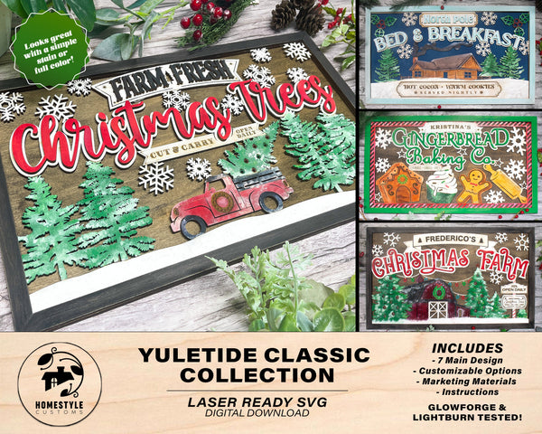 Yuletide Classic Signage - Includes 7 Customizable and Non Customizable Options - Tested on Glowforge & Lightburn