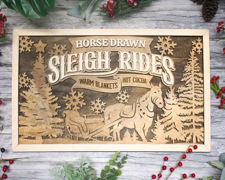Horse Drawn Sleigh Rides - Yuletide Classic Collection - Includes 1 Customizable and Non Customizable Sign - Glowforge & Lightburn Tested