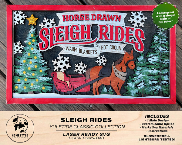 Horse Drawn Sleigh Rides - Yuletide Classic Collection - Includes 1 Customizable and Non Customizable Sign - Glowforge & Lightburn Tested