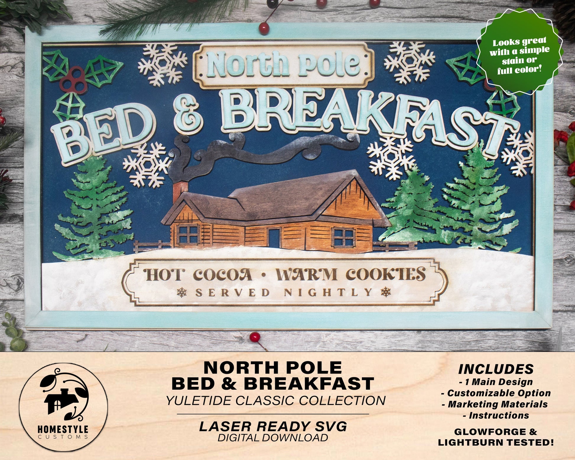 Bed and Breakfast - Yuletide Classic Signage - Includes 1 Customizable and Non Customizable Sign - Tested on Glowforge & Lightburn