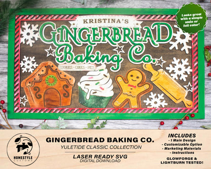 Gingerbread Baking Co - Yuletide Classic Collection - Includes 1 Customizable and Non Customizable Sign - Glowforge & Lightburn Tested