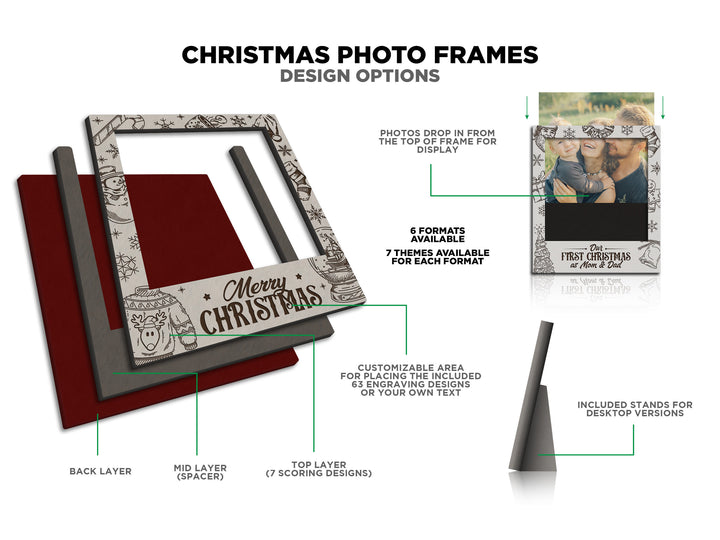 Christmas Photo Frame Collection - Includes Ornaments, Stand Ups and Magnets - 7 Design options for Each - Tested on Glowforge & Lightburn