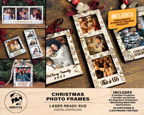 Christmas Photo Frame Collection - Includes Ornaments, Stand Ups and Magnets - 7 Design options for Each - Tested on Glowforge & Lightburn