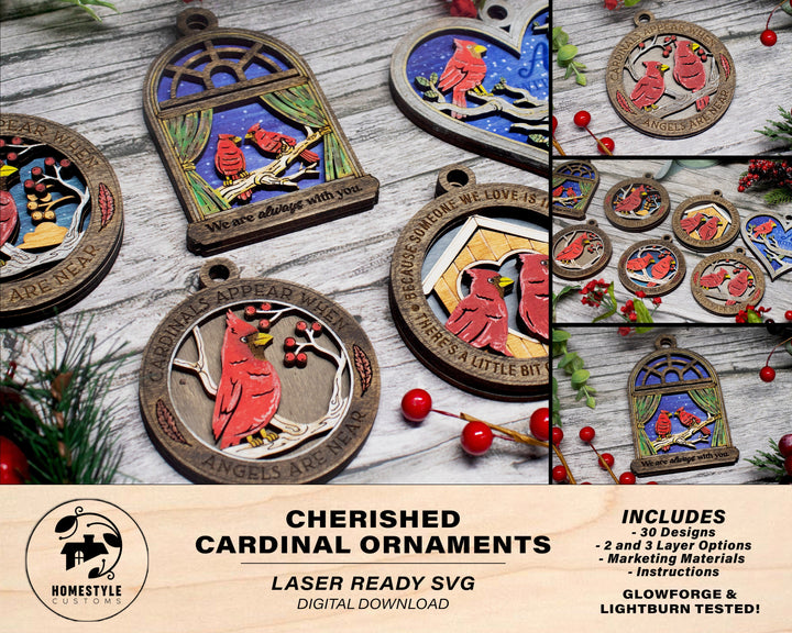 Cherished Cardinal Ornaments - 30 designs included with 2 and 3 layer designs - Tested on Glowforge & Lightburn