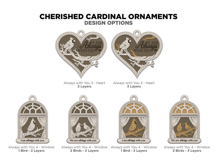 Cherished Cardinal Ornaments - 30 designs included with 2 and 3 layer designs - Tested on Glowforge & Lightburn