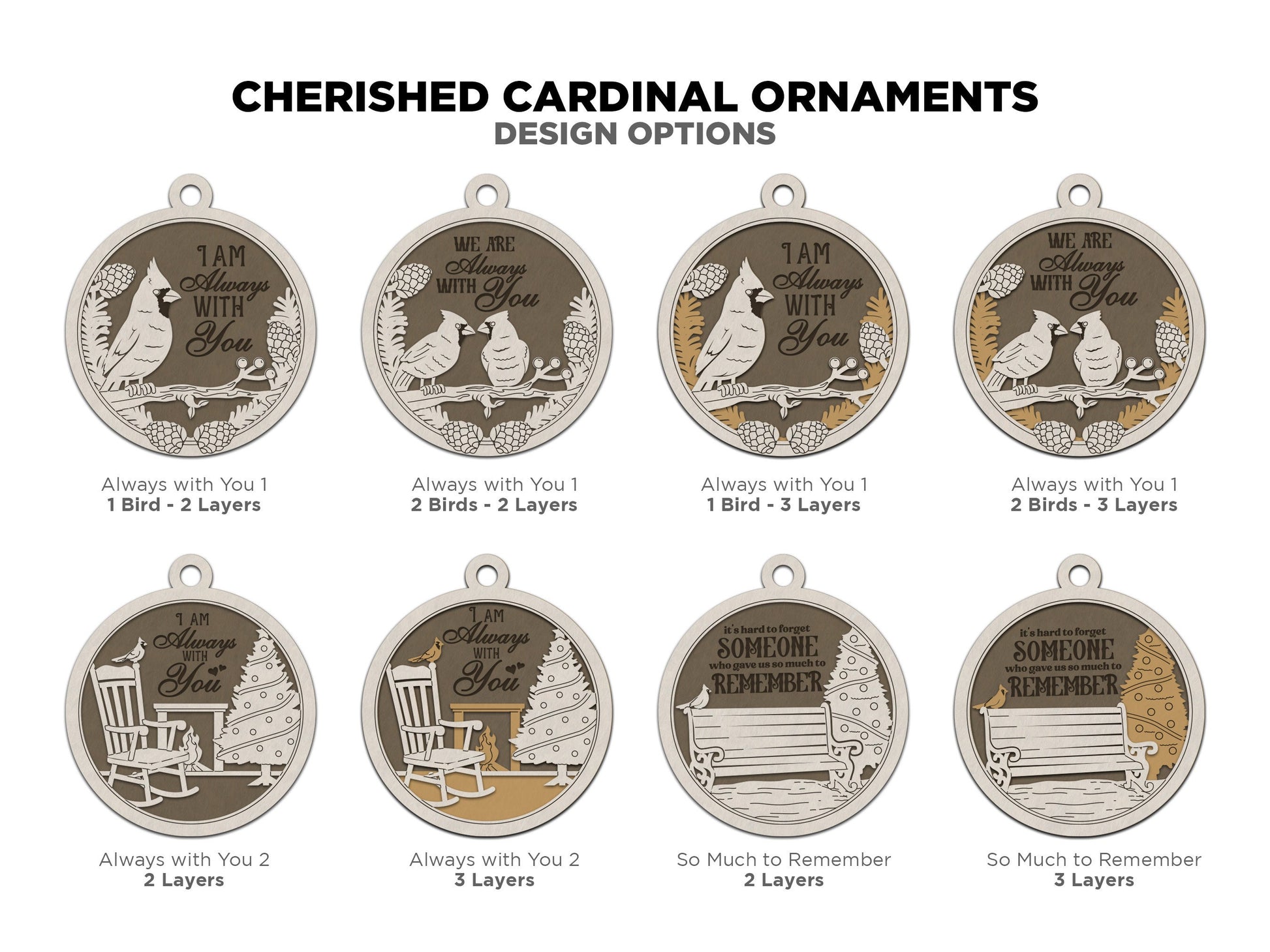 Cherished Cardinal Ornaments - 30 designs included with 2 and 3 layer designs - Tested on Glowforge & Lightburn